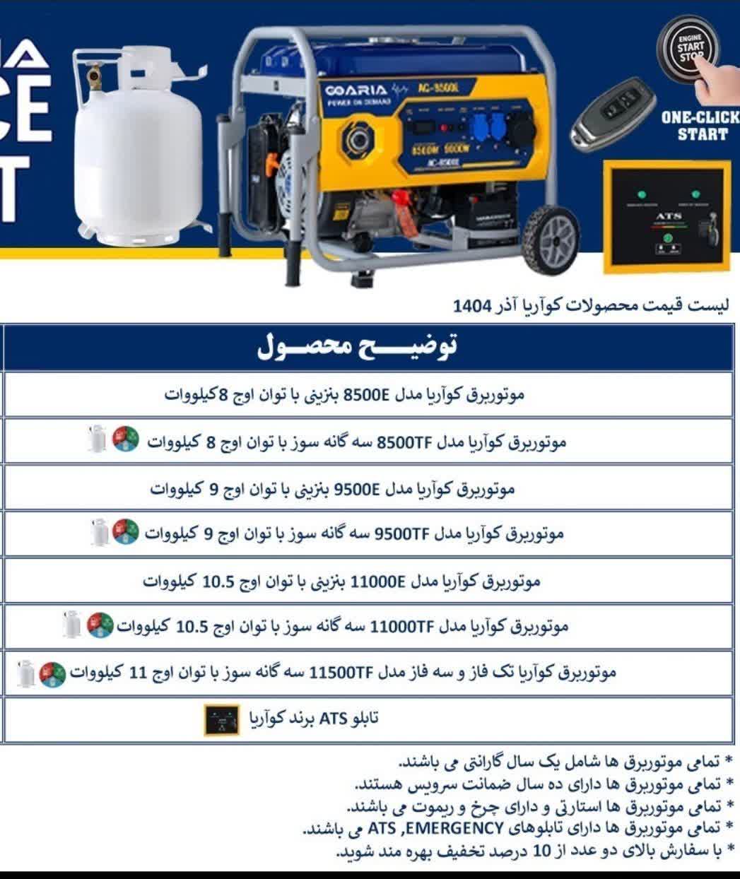 موتور برق ۸۵۰۰ کواریا محصول شرکت کوا آریا آذر ۱ سال گارانتی ۱۰ سال خدمات تعمیر سیم پیچ مسی سوپر سایلنت ۱۱۵۰۰ سه گانه سوز